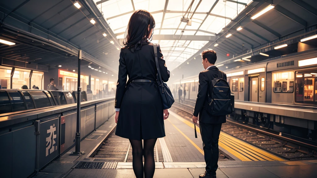 The back of a woman seeing off a man at the station