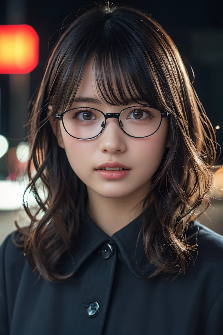 (8k、RAW Photos、Highest quality、masterpiece:1.2)、(Realistic、Photorealistic:1.37)、Ultra-detailed、Ultra-high resolution、1 girl、Seeing the viewer、Beautifully detailed face、Laughter、narrow、(Narrow waist) :1.3)、Chic autumn clothes、Beautifully detailed skin、Skin Texture、Floating Hair、((Curly Hair, Quirky hairstyle, Ahoge))、Professional Lighting、In front of the station at night、((Black square glasses ))、Human whole body、Brown Hair、Clothes color is random