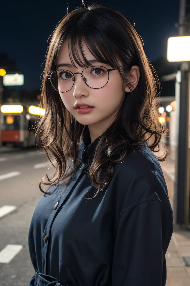 (8k、RAW Photos、Highest quality、masterpiece:1.2)、(Realistic、Photorealistic:1.37)、Ultra-detailed、Ultra-high resolution、1 girl、Seeing the viewer、Beautifully detailed face、Laughter、narrow、(Narrow waist) :1.3)、Chic autumn clothes、Beautifully detailed skin、Skin Texture、Floating Hair、((Curly Hair, Quirky hairstyle, Ahoge))、Professional Lighting、In front of the station at night、((Black square glasses ))、Human whole body、Brown Hair、Clothes color is random