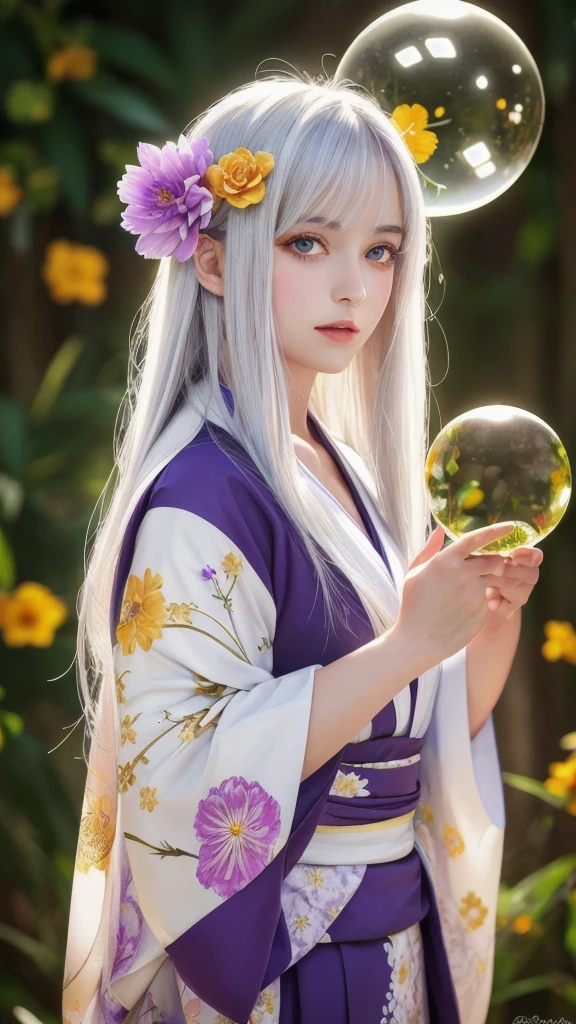 (masterpiece:1.3), (8k, photorealistic, raw photo, highest quality:1.4), (one girl), beautiful face, (realistic face), (long hair), (silver hair, near white hair, shiny hair, beautiful straight hair), (even bangs), (Sharp bangs), straight hairstyle, realistic eyes, beautiful detailed eyes (purple eyes), (sharp eyes), (realistic skin), beautiful skin, (kimono), (magician's kimono), (flower hair ornament), attractive, ultra high resolution, ultra realistic, highly detailed, golden ratio, colorful background, (flowers blooming), (energy dancing background), magician, facing forward, facing from shoulders, looking straight ahead, both shoulders facing towards you, holding crystal ball, (heart crystal ball, love crystal ball).Anatomically correct, Highest quality, accurate, Impressionism, High resolution, Gaze,