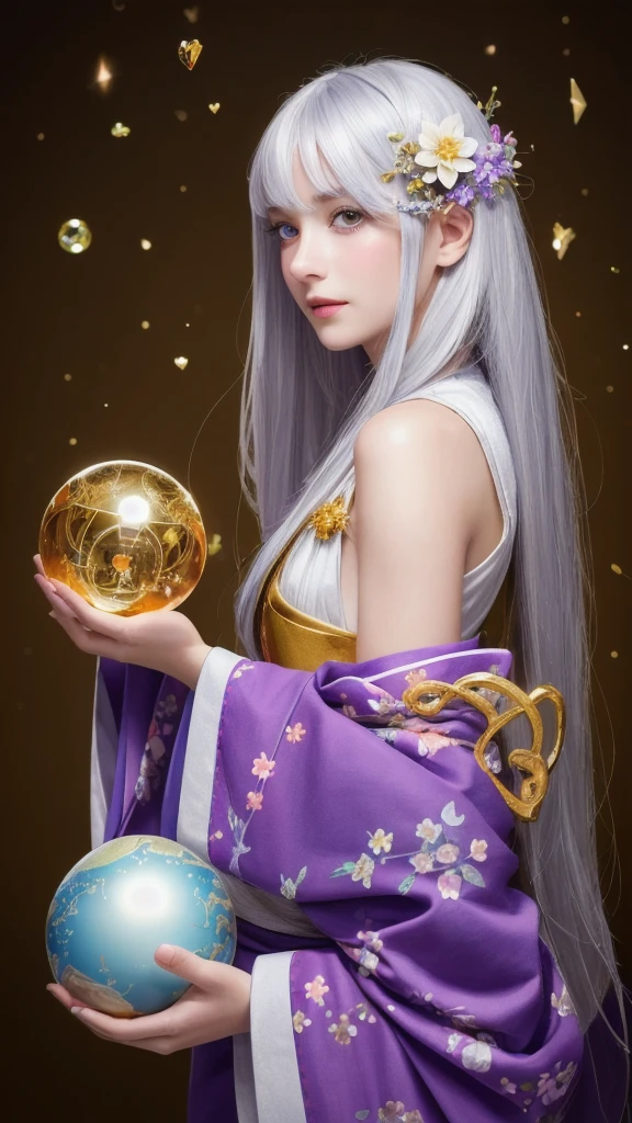 (masterpiece:1.3), (8k, photorealistic, raw photo, highest quality:1.4), (one girl), beautiful face, (realistic face), (long hair), (silver hair, near white hair, shiny hair, beautiful straight hair), (even bangs), (Sharp bangs), straight hairstyle, realistic eyes, beautiful detailed eyes (purple eyes), (sharp eyes), (realistic skin), beautiful skin, (kimono), (magician's kimono), (flower hair ornament), attractive, ultra high resolution, ultra realistic, highly detailed, golden ratio, colorful background, (flowers blooming), (energy dancing background), magician, facing forward, facing from shoulders, looking straight ahead, both shoulders facing towards you, holding crystal ball, (heart crystal ball, love crystal ball).Anatomically correct, Highest quality, accurate, Impressionism, High resolution, Gaze,