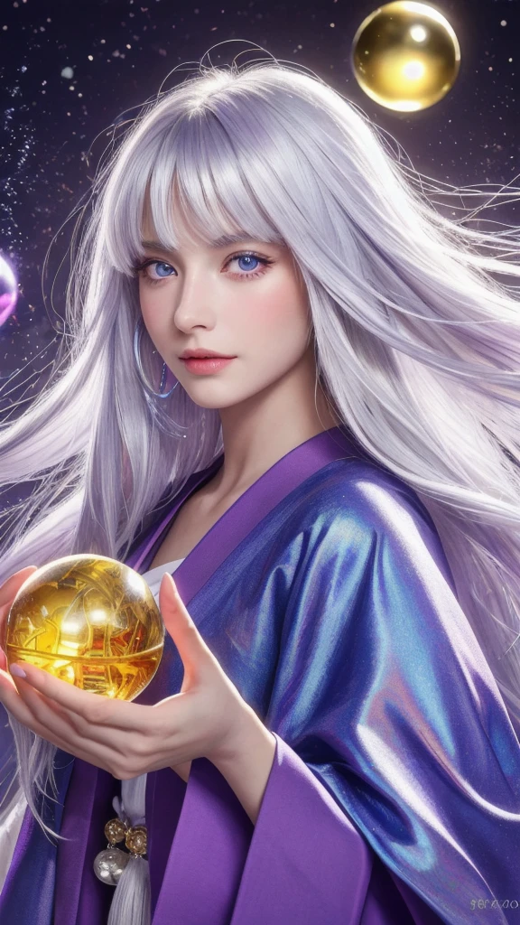 (masterpiece:1.3), (8k, photorealistic, raw photo, highest quality:1.4), (one girl), beautiful face, (realistic face), (long hair), (silver hair, near white hair, shiny hair, beautiful straight hair), (even bangs), (Sharp bangs), straight hairstyle, realistic eyes, beautiful detailed eyes (purple eyes), (sharp eyes), (realistic skin), beautiful skin, (kimono), (magician's kimono), (flower hair ornament), attractive, ultra high resolution, ultra realistic, highly detailed, golden ratio, colorful background, (flowers blooming), (energy dancing background), magician, facing forward, facing from shoulders, looking straight ahead, both shoulders facing towards you, holding crystal ball, (heart crystal ball, love crystal ball).Anatomically correct, Highest quality, accurate, Impressionism, High resolution, Gaze, 