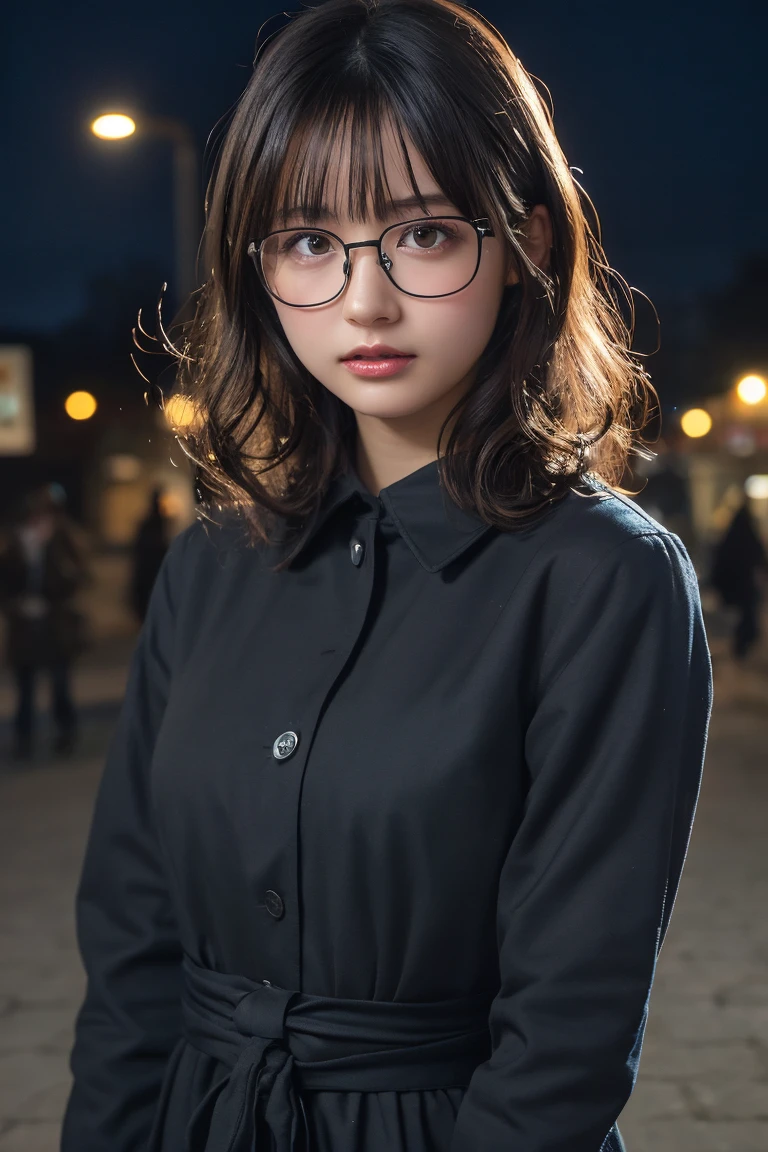 (8k、RAW Photos、Highest quality、masterpiece:1.2)、(Realistic、Photorealistic:1.37)、Ultra-detailed、Ultra-high resolution、1 girl、Seeing the viewer、Beautifully detailed face、Laughter、narrow、(Narrow waist) :1.3)、Chic autumn clothes、Beautifully detailed skin、Skin Texture、Floating Hair、((Curly Hair, Quirky hairstyle, Ahoge))、Professional Lighting、In front of the station at night、((Black square glasses ))、Human whole body、Brown Hair、Clothes color is random
