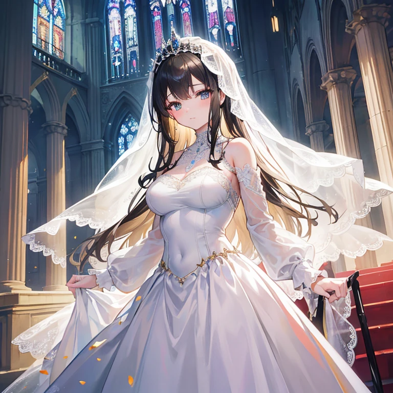 A detailed illustration of a young woman dressed as a bride inside a grand cathedral. She has dark, flowing hair and wears an elegant white wedding gown with intricate lace details. A delicate veil drapes over her head, complemented by a sparkling tiara. Her eyes are a warm golden brown, and her expression is slightly shy and demure. The cathedral's stained glass windows cast colorful light across the scene, adding a majestic and serene atmosphere. The overall mood is one of beauty and solemnity, capturing the poignant moment of a bride on her wedding day.