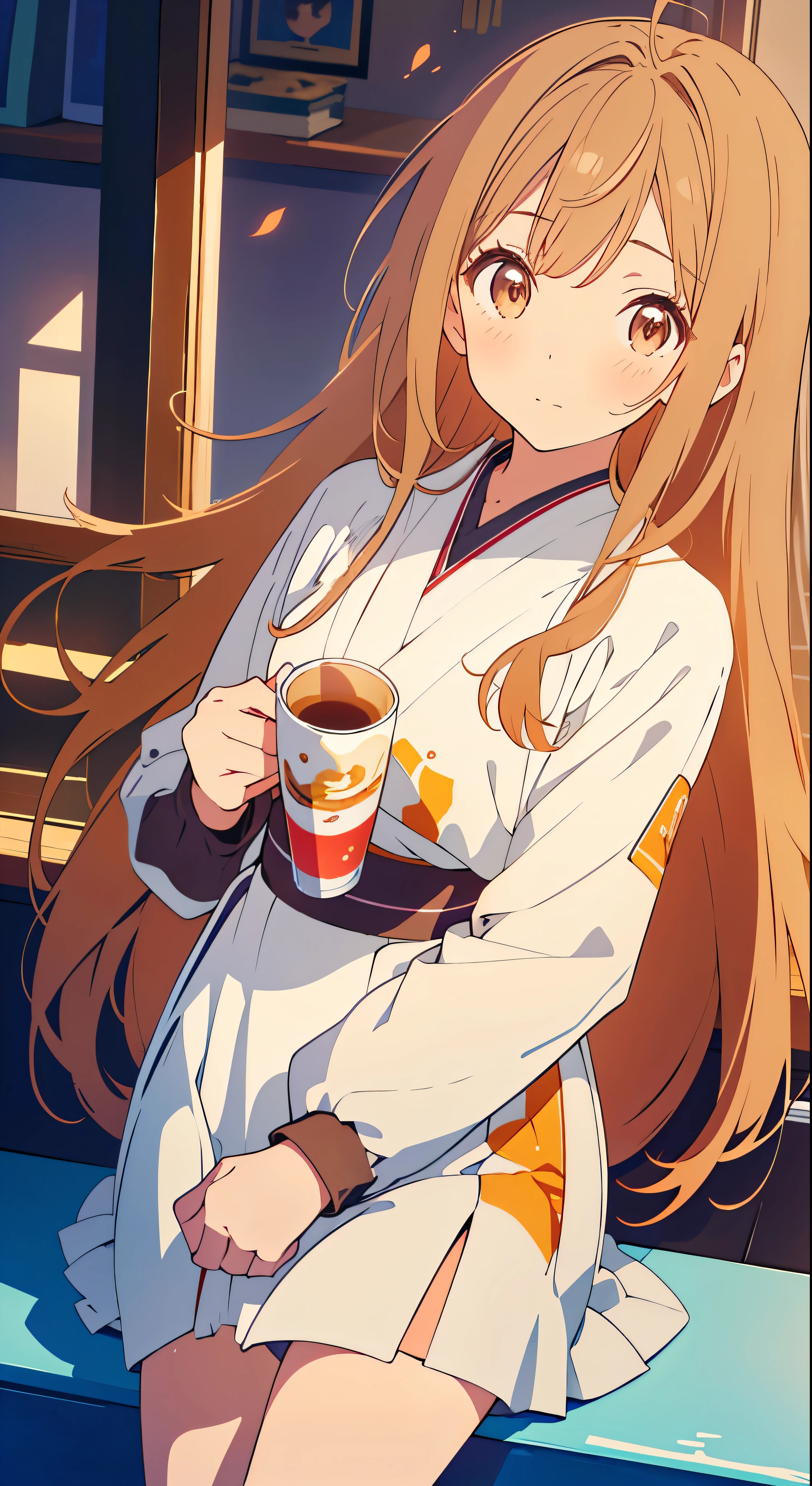 with high definition images，Anime Girls，Young girl holding a cup of coffee in her hands、Cute little face girl、Cute natural anime face、Cute - Detailed - Face、Sakimi-chan、Chiho、Yoshitomo Nara、Young pretty face、Beautiful Japanese girl face、Brown hair and big eyes、Cute pretty girl、Beautiful light big eyes