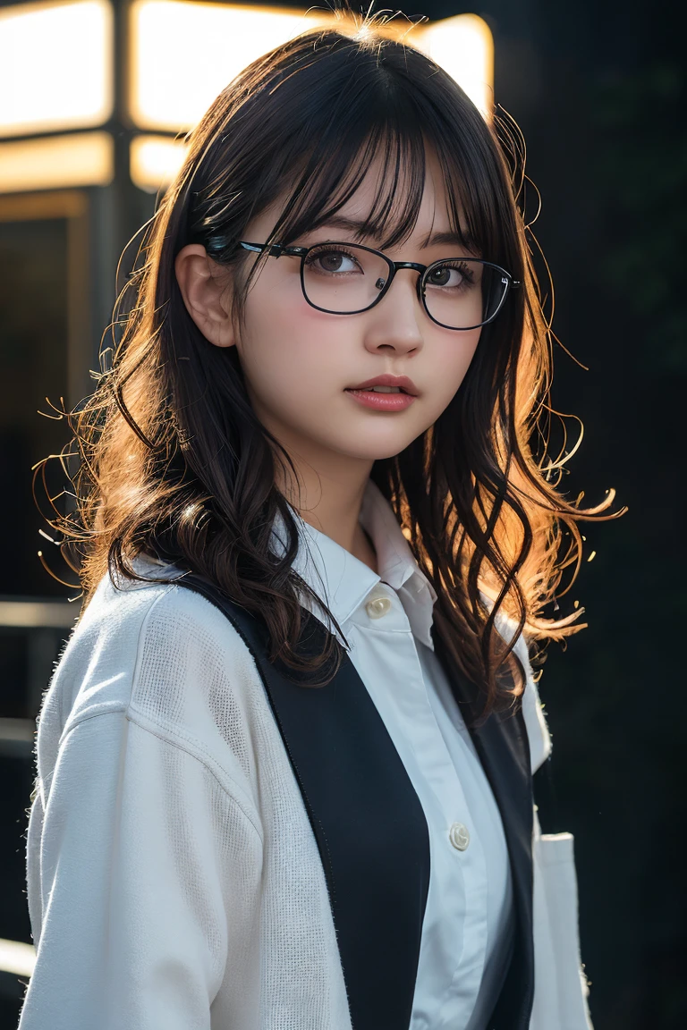 (8k、RAW Photos、Highest quality、masterpiece:1.2)、(Realistic、Photorealistic:1.37)、Ultra-detailed、Ultra-high resolution、1 girl、Seeing the viewer、Beautifully detailed face、Laughter、narrow、(Narrow waist) :1.3)、Chic autumn clothes、Beautifully detailed skin、Skin Texture、Floating Hair、((Curly Hair, Quirky hairstyle, Ahoge))、Professional Lighting、In front of the station at night、((Black square glasses ))、Human whole body、Brown Hair、Clothes color is random