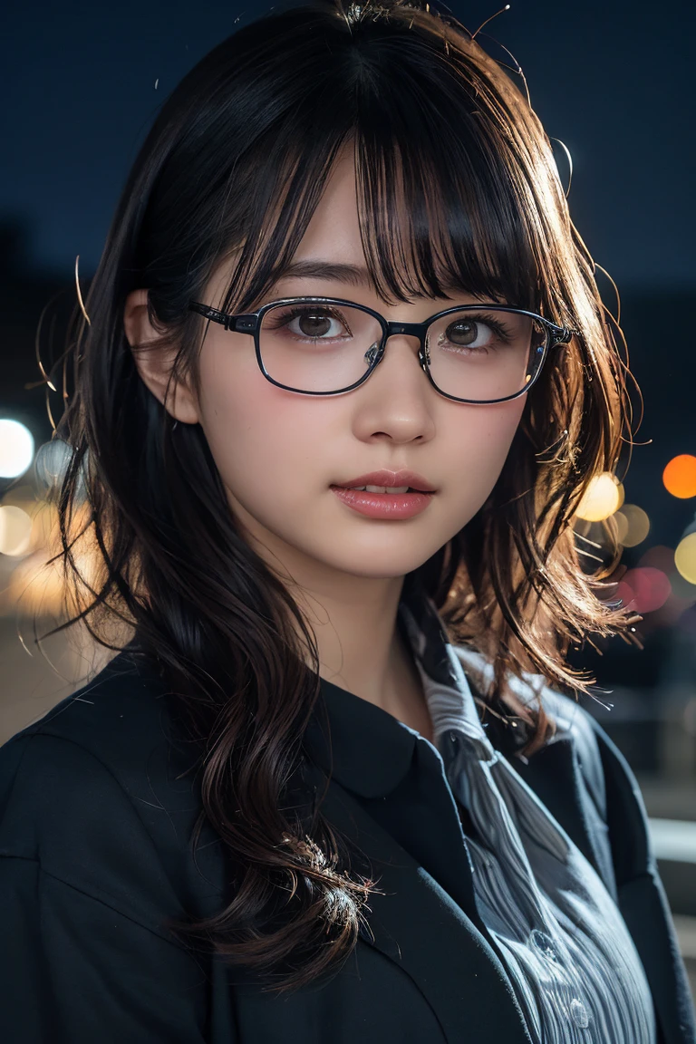 (8k、RAW Photos、Highest quality、masterpiece:1.2)、(Realistic、Photorealistic:1.37)、Ultra-detailed、Ultra-high resolution、1 girl、Seeing the viewer、Beautifully detailed face、Laughter、narrow、(Narrow waist) :1.3)、Chic autumn clothes、Beautifully detailed skin、Skin Texture、Floating Hair、((Curly Hair, Quirky hairstyle, Ahoge))、Professional Lighting、In front of the station at night、((Black square glasses ))、Human whole body、Brown Hair、Clothes color is random