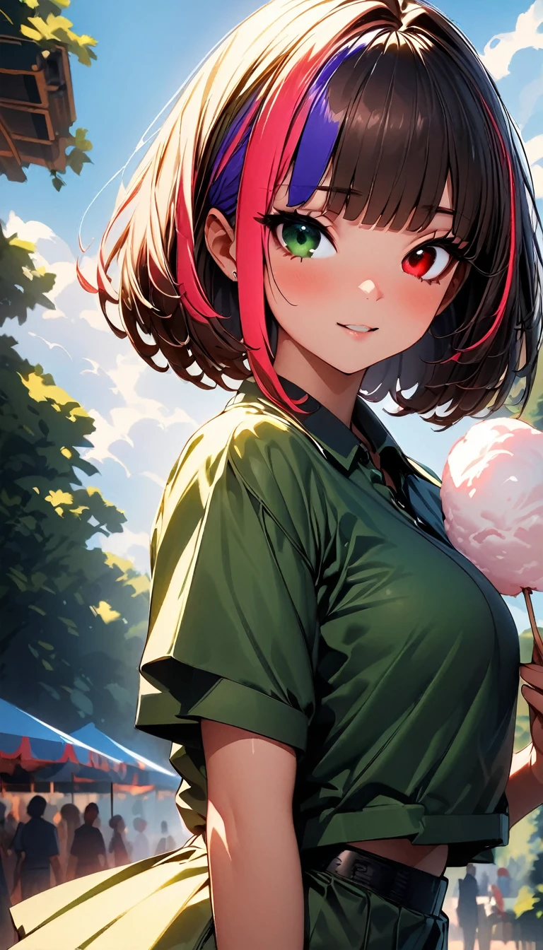 (highest quality:1.2, Very detailed, up to date, Vibrant, Ultra-high resolution, High Contrast, masterpiece:1.2, highest quality, Best aesthetics), Portraiture、girl、solo, (25-years-old:1.4), slim, , heterrochromia, green eye, red eye, Bright colors、Beautiful fine details、Beautiful lip detail、extra short hair, ((bob cut:1.5))、pink and purple, ((streaked hair:1.9)), (highlights hair: 1.6), (small :0.4), green polo shirt, mini skirt, playing, eating cotton candy, (amusement park :1),(happy:1), looking back, (cowboy shot:1,5)