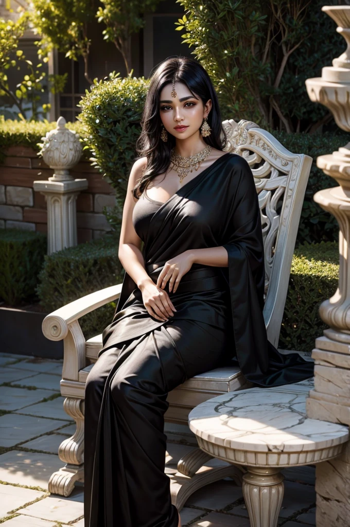 perfect face, cute girl, black hair, big breasts, dark black half saree, naked, garden, marble chair