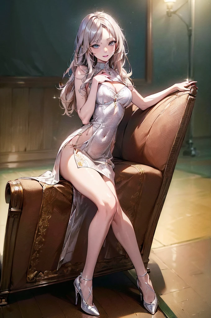 (masterpiece, high resolution, best quality,highres:1.5), CG, illustration, delicate face, cute face, shiny hair, shiny skin, sparkling pupils, Latex dresses,High heels,Patterned dragonfly stockings, looking back, silver hair, 