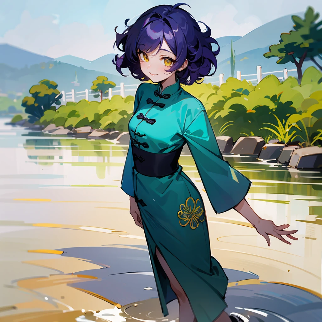 1female, Purple Hair, Green Qi Pao, Curly Hair, White Flats, Traditional Chinese Attire, Yellow Eyes, Smiling, Slim, Adult, Riverbank, Standing by the Water