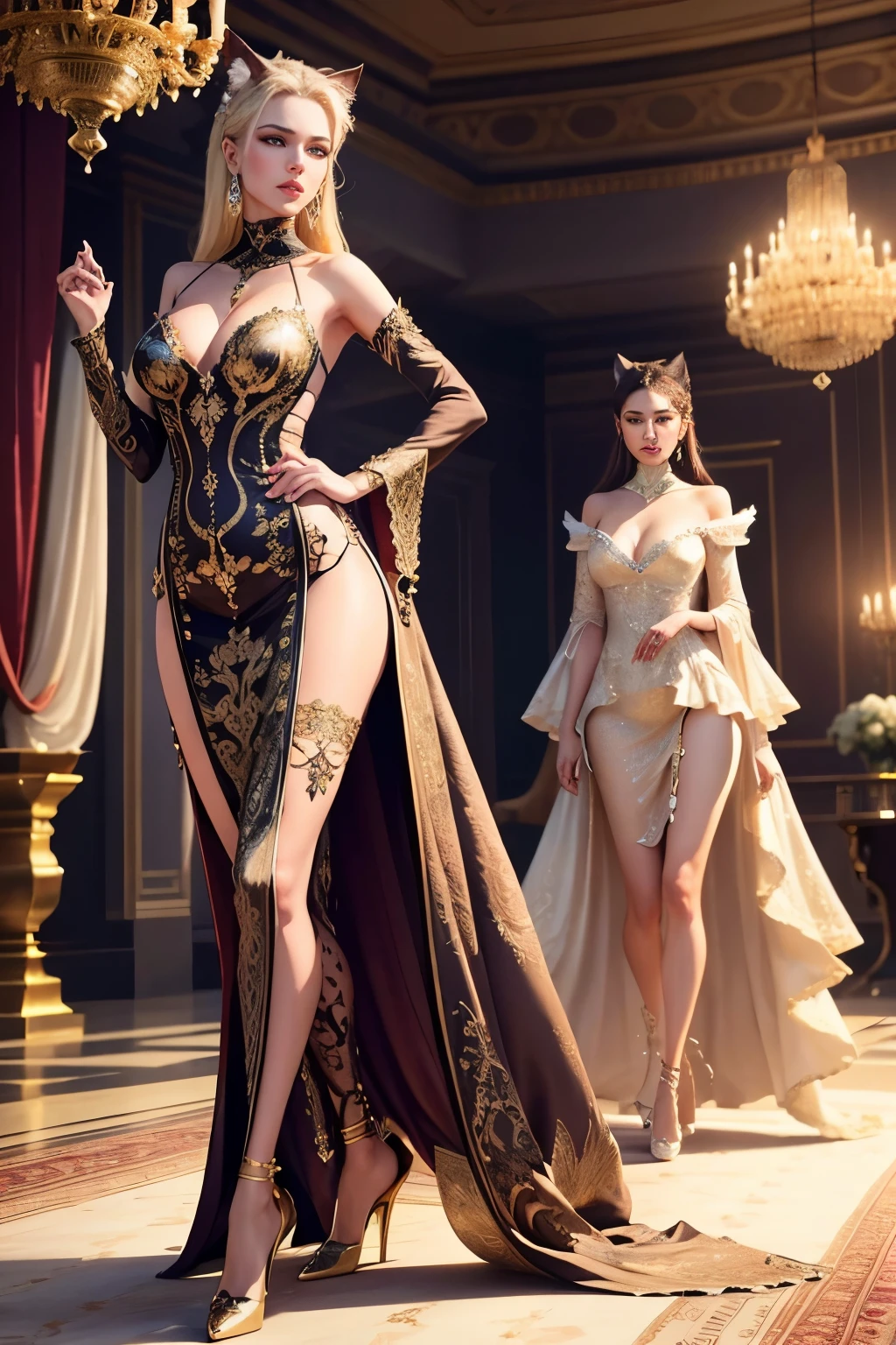 promptA lavish feline fashion extravaganza unfolds on a sprawling runway, with regal cats strutting their stuff in exquisite gowns. Set against the backdrop of a palatial, opulent hall adorned with intricate carvings and crystalline chandeliers, the scene is bathed in a dazzling spectacle of light, casting a glamorous glow on both cats and their attire. The intricate details of each outfit, from the luxurious furs to the shimmering sequins, are rendered in stunning 3D, showcasing the realistic textures and luminous sheen of every fabric and gemstone. The experience is