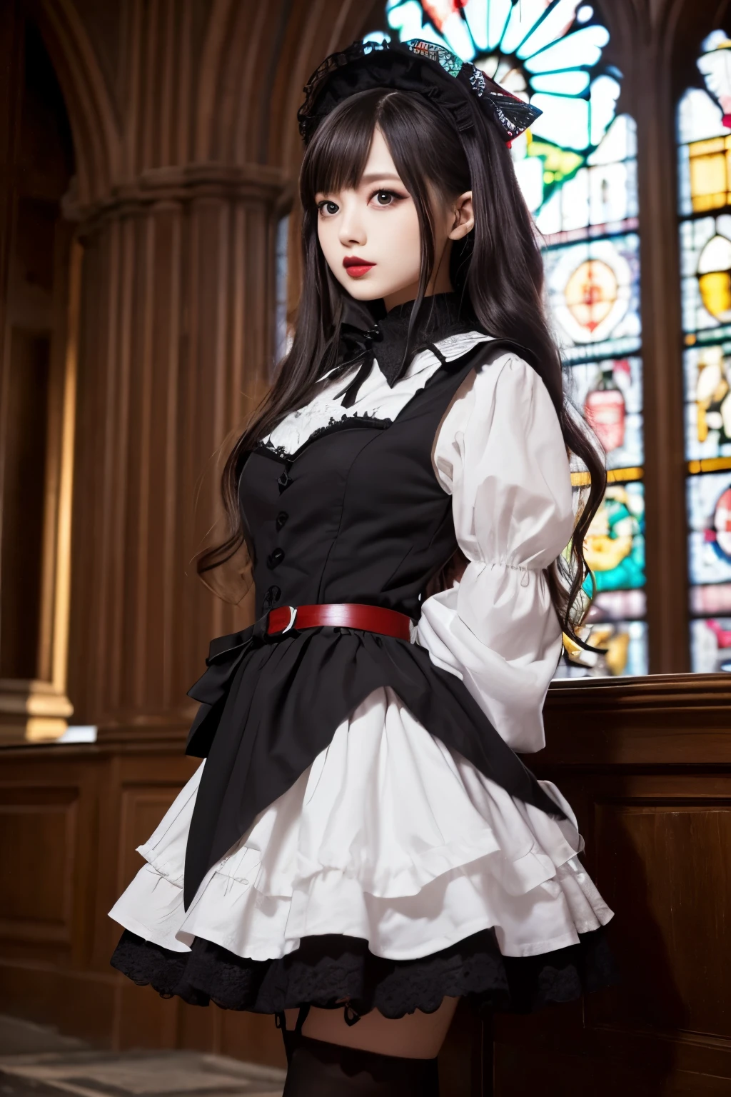 In the image、There is a female character wearing a dark, gothic Lolita outfit.。She bends one leg a little、She strikes a confident pose、In her left hand she holds a bouquet of flowers with a red ribbon.。The character has long silver hair with black streaks.、Her hairstyle is decorated with a red ribbon.。Her makeup is dramatic、Dark eyeliner and red lipstick accentuate her striking look.。
She is wearing a black dress with puff sleeves and a high collar.、Embellished with intricate stitching and a belt that cinches the waist。The skirt has layers of ruffles、There is a noticeable red layer underneath the black fabric.、Adds contrast and flare。She also、She is wearing black gloves to match the gothic theme.。
In the background、You can see a Gothic church with arched windows and a pointed roof.、It enhances the overall dark and mysterious atmosphere.。The lighting is natural、Insert from the right side、It creates shadows that highlight the texture and detail of the dress and accessories.。
The overall feel of the image is dramatic and bold.、It captures the essence of Gothic Lolita fashion with a touch of romantic elegance.。