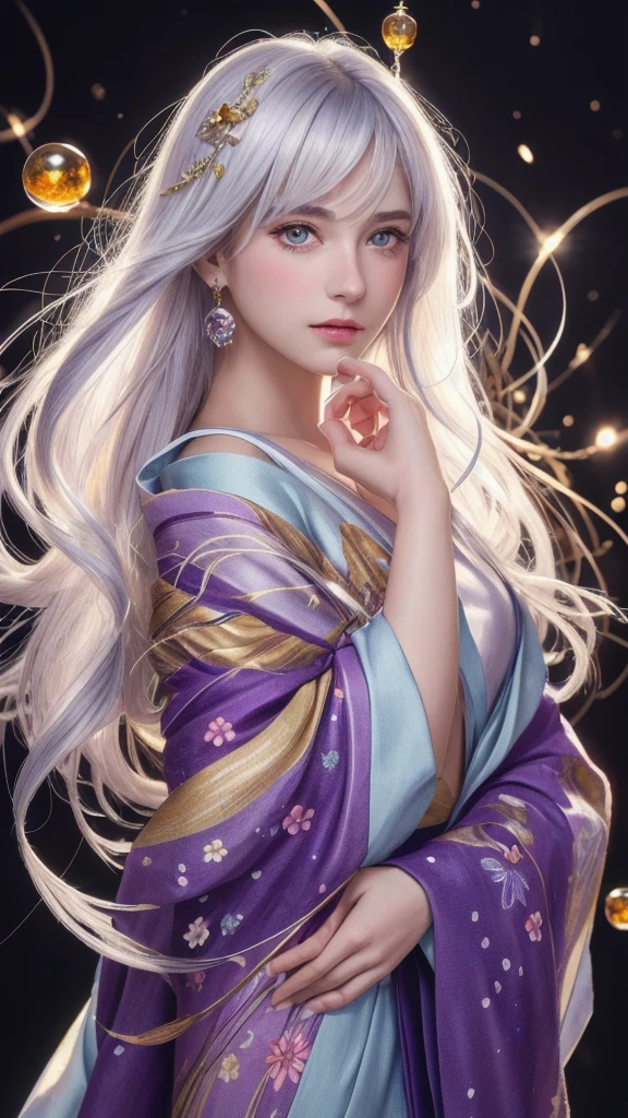 (masterpiece:1.3), (8k, photorealistic, raw photo, highest quality:1.4), (one girl), beautiful face, (realistic face), (long hair), (silver hair, near white hair, shiny hair, beautiful straight hair), (even bangs), (Sharp bangs), straight hairstyle, realistic eyes, beautiful detailed eyes (purple eyes), (sharp eyes), (realistic skin), beautiful skin, (kimono), (magician's kimono), (flower hair ornament), attractive, ultra high resolution, ultra realistic, highly detailed, golden ratio, colorful background, (flowers blooming), (energy dancing background), magician, facing forward, facing from shoulders, looking straight ahead, both shoulders facing towards you, holding crystal ball, (heart crystal ball, love crystal ball).Anatomically correct, Highest quality, accurate, Impressionism, High resolution, Gaze, 