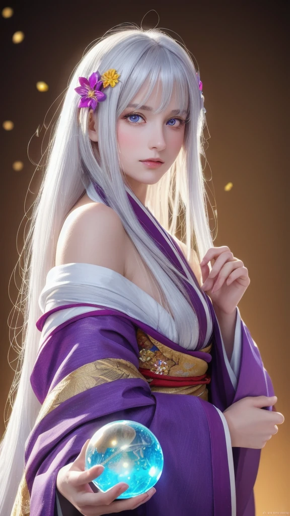 (masterpiece:1.3), (8k, photorealistic, raw photo, highest quality:1.4), (one girl), beautiful face, (realistic face), (long hair), (silver hair, near white hair, shiny hair, beautiful straight hair), (even bangs), (Sharp bangs), straight hairstyle, realistic eyes, beautiful detailed eyes (purple eyes), (sharp eyes), (realistic skin), beautiful skin, (kimono), (magician's kimono), (flower hair ornament), attractive, ultra high resolution, ultra realistic, highly detailed, golden ratio, colorful background, (flowers blooming), (energy dancing background), magician, facing forward, facing from shoulders, looking straight ahead, both shoulders facing towards you, holding crystal ball, (heart crystal ball, love crystal ball).Anatomically correct, Highest quality, accurate, Impressionism, High resolution, Gaze, 
