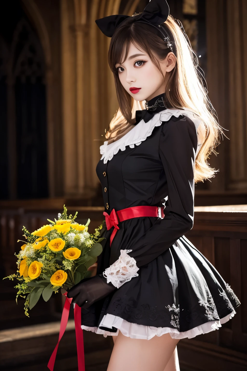 In the image、There is a female character wearing a dark, gothic outfit.。She bends one leg a little、She strikes a confident pose、In her left hand she holds a bouquet of flowers with a red ribbon.。The character has long silver hair with black streaks.、Her hairstyle is decorated with a red ribbon.。Her makeup is dramatic、Dark eyeliner and red lipstick accentuate her striking look.。
She is wearing a black dress with puff ses and a high collar.、Embellished with intricate stitching and a belt that cinches the waist。The skirt has layers of ruffles、There is a noticeable red layer underneath the black fabric.、Adds contrast and flare。She also、She is wearing black gloves to match the gothic theme.。
In the background、You can see a Gothic church with arched windows and a pointed roof.、It enhances the overall dark and mysterious atmosphere.。The lighting is natural、Insert from the right side、It creates shadows that highlight the texture and detail of the dress and accessories.。
The overall feel of the image is dramatic and bold.、It captures the essence of Gothic Lolita fasith a touch of romantic elegance.。