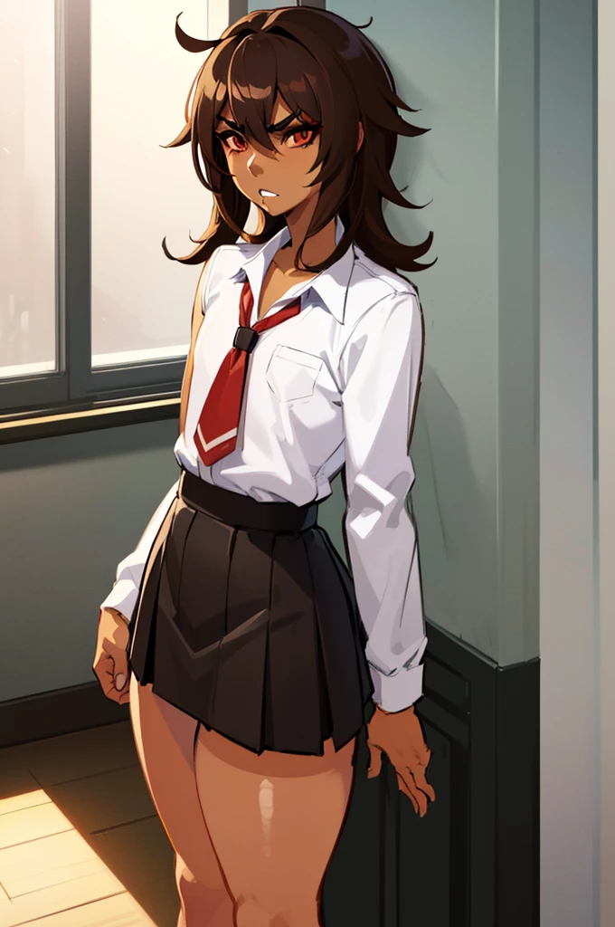 ((anime boy)), ((crossdresser)), (((1boy)))), (((solo))), ((((alone)))) medium dark brown hair, red eyes, ((((brown skin)))), wide hips, narrow waist, thick thighs, angry, make up, red lipstick, standing in a classroom, ((flat chest)), black skirt, shirt, (highschool uniform)