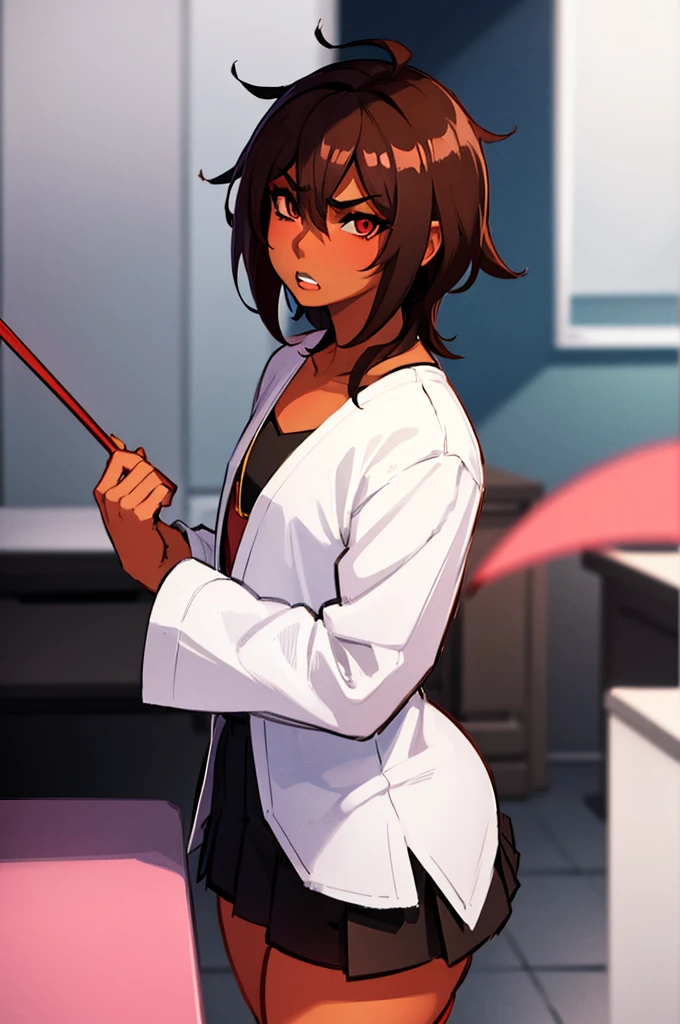 ((anime boy)), ((crossdresser)), (((1boy)))), (((solo))), ((((alone)))) medium dark brown hair, red eyes, ((((brown skin)))), wide hips, narrow waist, thick thighs, angry, make up, red lipstick, standing in a classroom, ((flat chest)), black skirt, shirt, (highschool uniform)