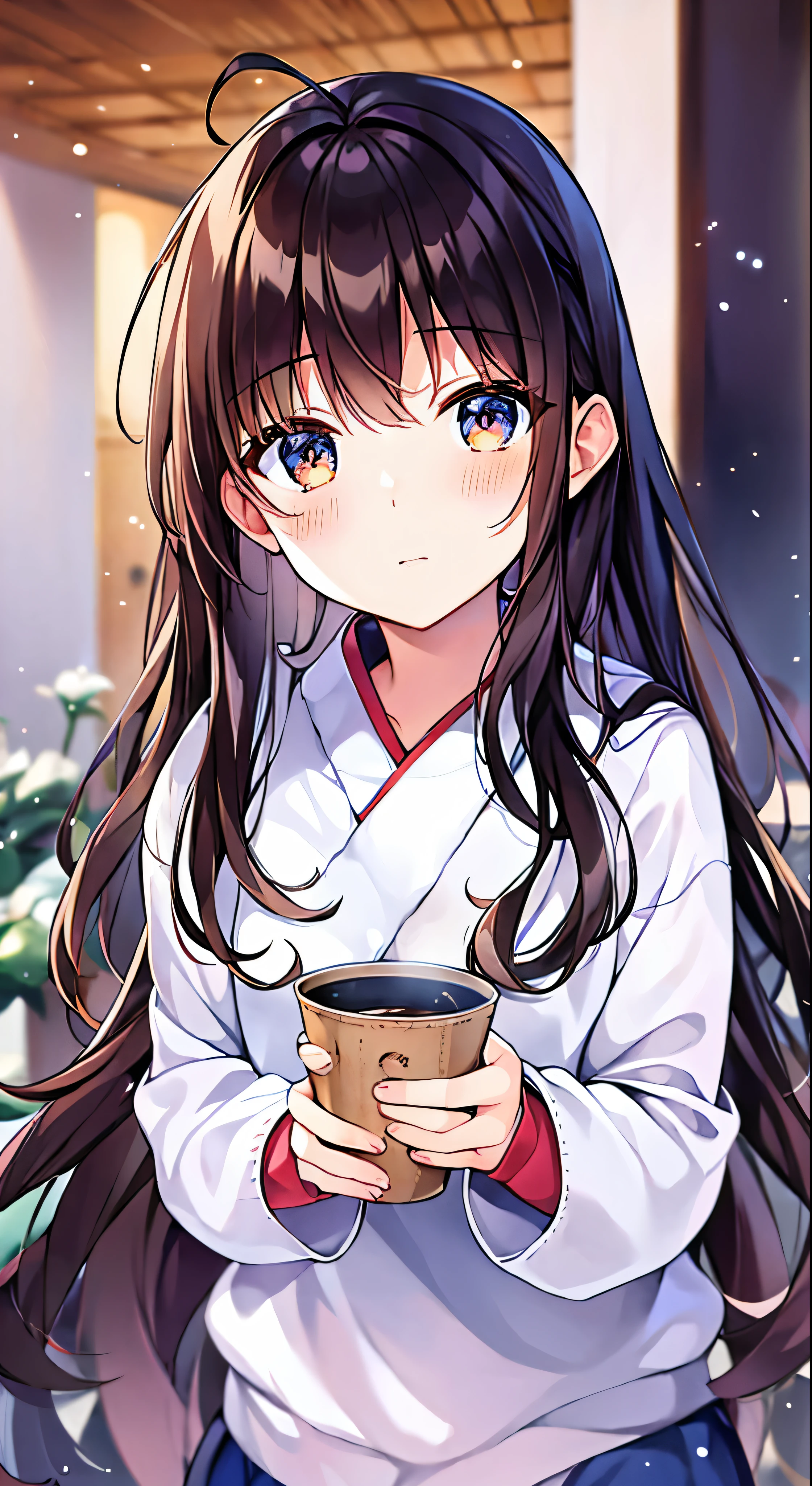 with high definition images，Anime Girls，Young girl holding a cup of coffee in her hands、Cute little face girl、Cute natural anime face、Cute - Detailed - Face、Sakimi-chan、Chiho、Yoshitomo Nara、Young pretty face、Beautiful Japanese girl face、Brown hair and big eyes、Cute pretty girl、Beautiful light big eyes