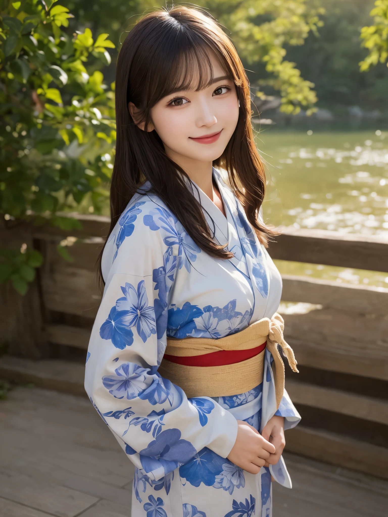 masterpiece, best quality, illustration, ultra-detailed, finely detailed, high resolution, 8K wallpaper, perfect dynamic composition, beautiful detailed eyes, yukata, long hair, serene pose, smile, looking at camera