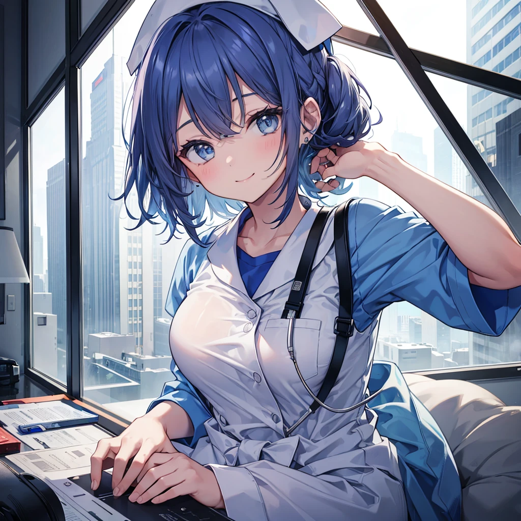 nursing aide,one girl,solo,blue or white scrubs,not wearing a hat or cap, frame it up to the top of the head, The top of my head doesn't come out of the frame,Facing forward,smile
