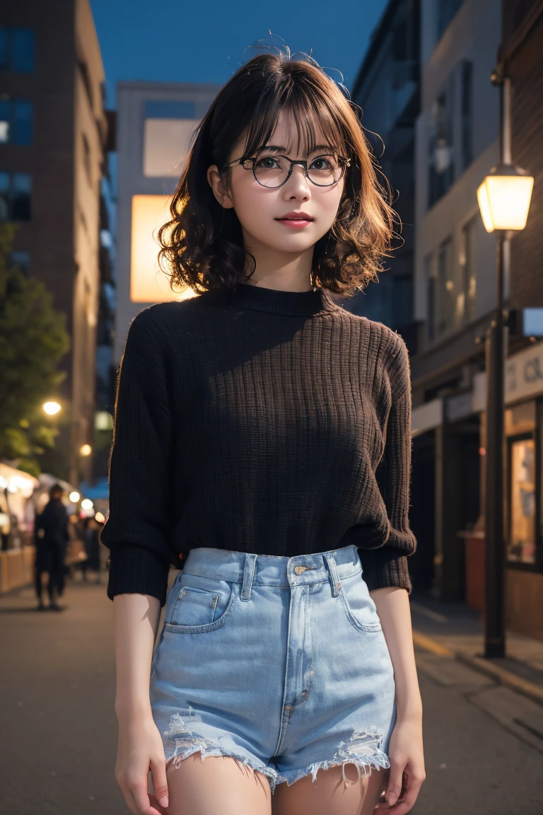 (8k、RAW Photos、Highest quality、masterpiece:1.2)、(Realistic、Photorealistic:1.37)、Ultra-detailed、Ultra-high resolution、1 girl、Seeing the viewer、Beautifully detailed face、Laughter、narrow、(Narrow waist) :1.3)、Chic autumn clothes、Beautifully detailed skin、Skin Texture、Floating Hair、((Curly Hair, Quirky hairstyle, Ahoge))、Professional Lighting、In front of the station at night、((Black square glasses ))、Human whole body、Brown Hair