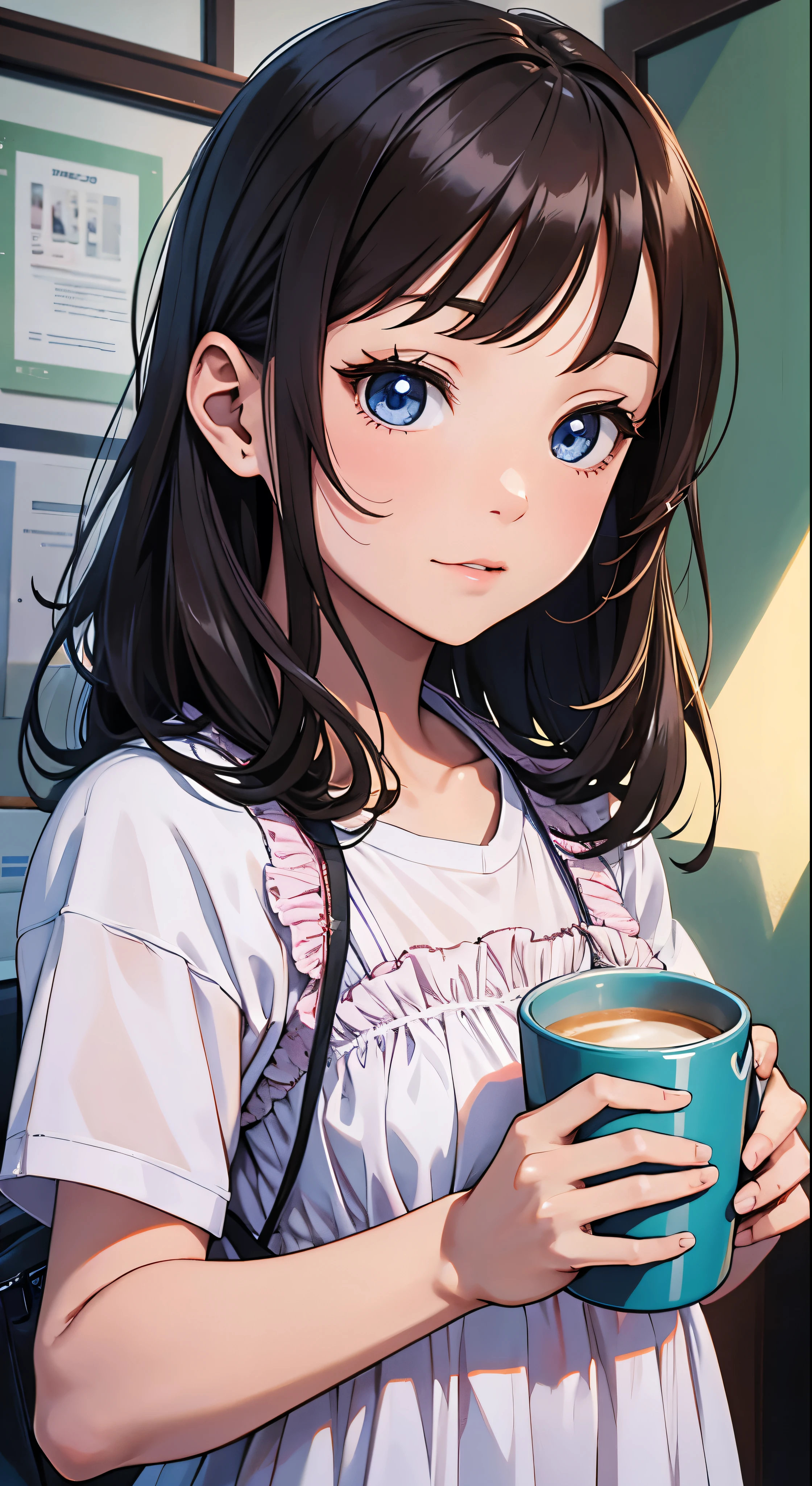 with high definition images，Anime Girls，Young girl holding a cup of coffee in her hands、Cute little face girl、Cute natural anime face、Cute - Detailed - Face、Sakimi-chan、Chiho、Yoshitomo Nara、Young pretty face、Beautiful Japanese girl face、Brown hair and big eyes、Cute pretty girl、Beautiful light big eyes