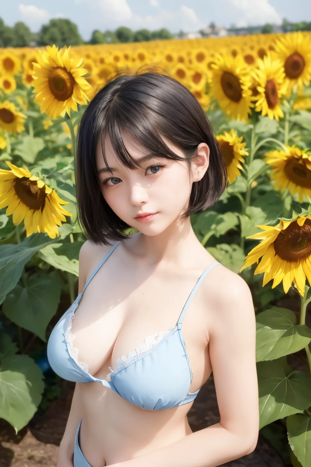 ((Highest quality)), ((masterpiece)), (detailed), (Japanese),, Black Hair,(Childish face), (Bob Hair), Girl , big Breasts, (topless), ((Blue eyes)),half-smile ,Tube Top Bra, Sunlight, from_Side, arched back, (close_up) ,,Cosmos field ,Sunflower field ,(foam),
