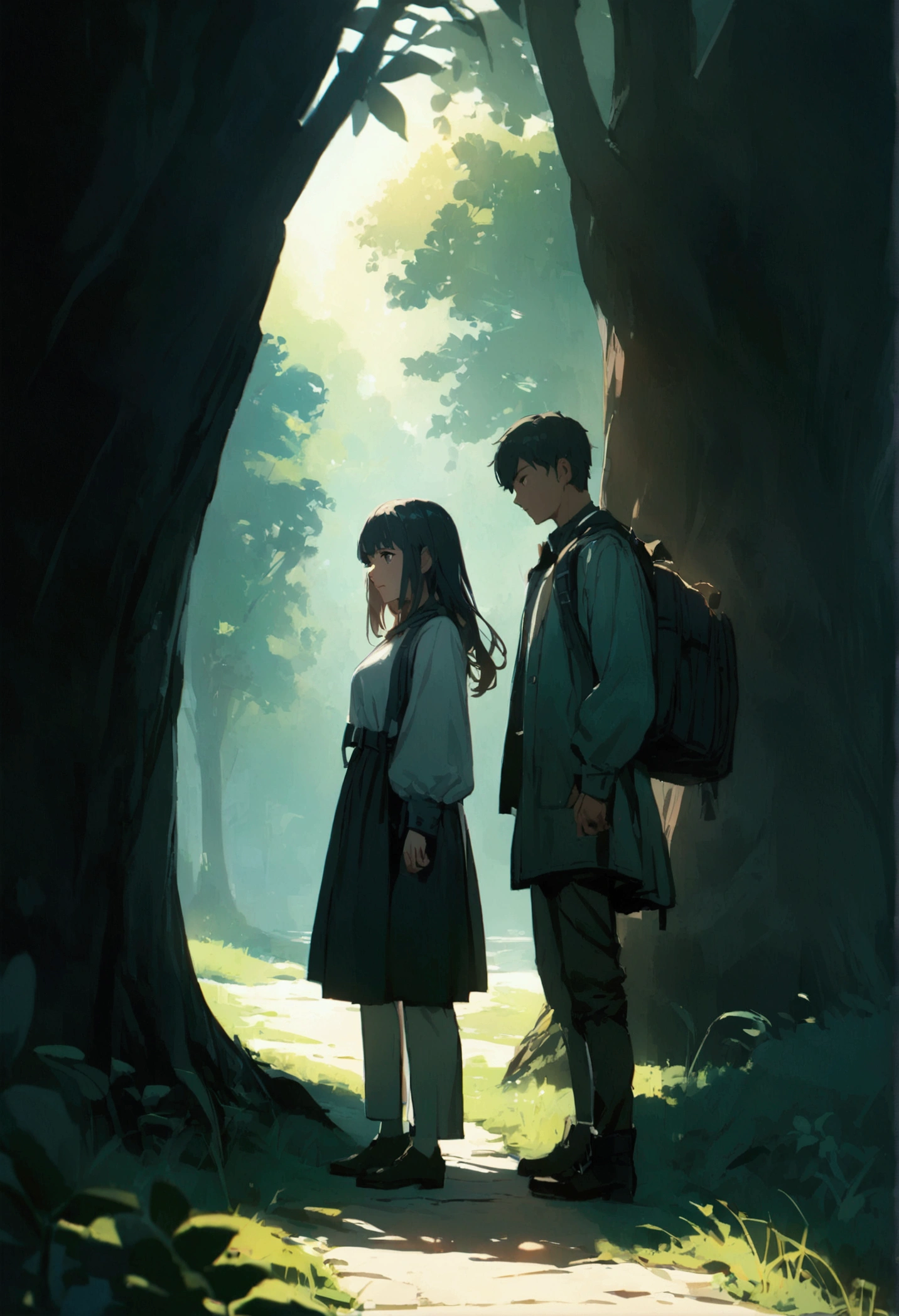 A boy and a girl standing back to back under a tree