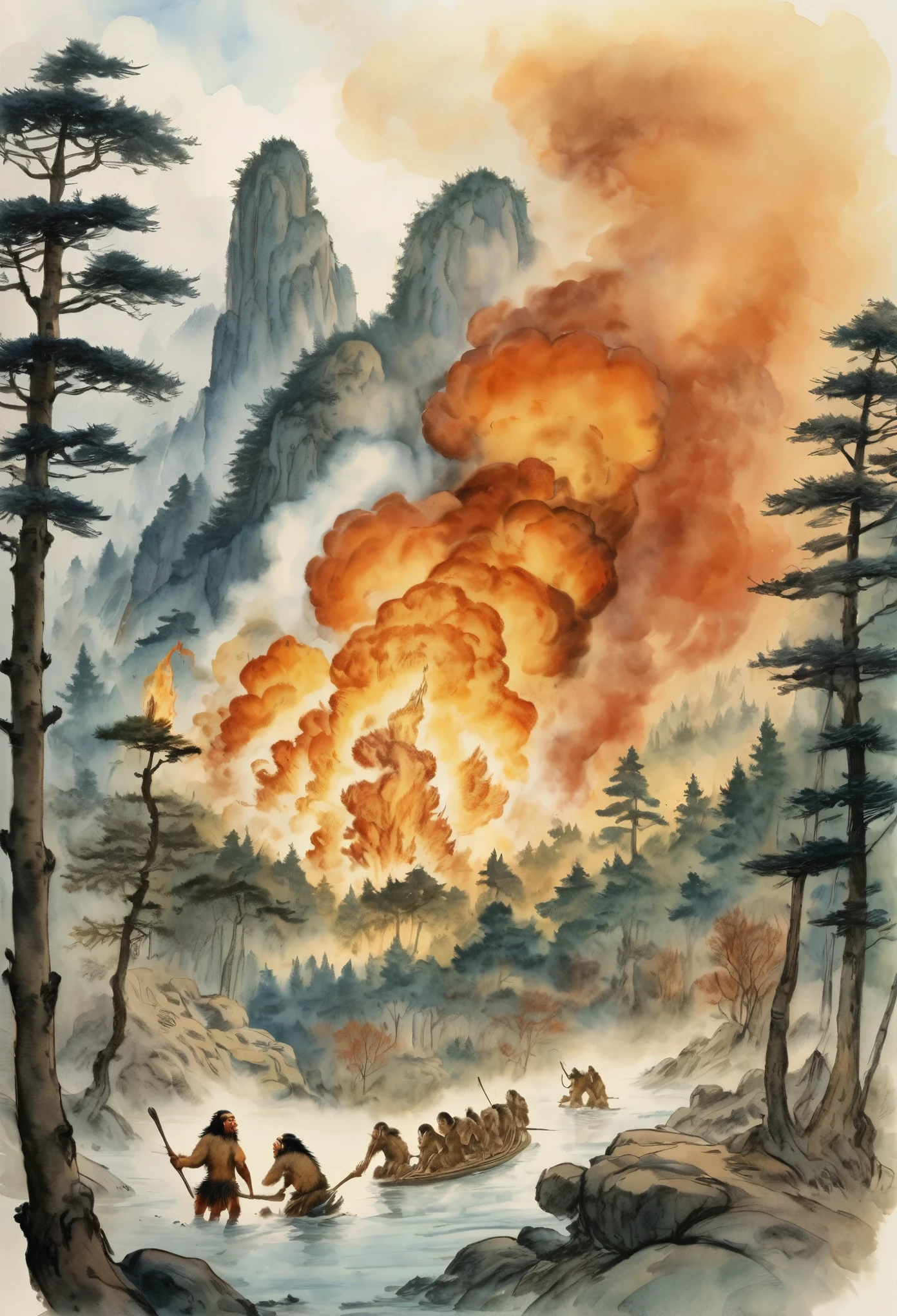 北方地区的一场forest火灾, The flames below created a cloud of smoke, A group of Neanderthals in the foreground,forest,author:Randolph Caldecott, (watercolor, masterpiece, representative work, Illustration Art, Professional Line Art, Super complex and detailed, Chinese painting,8K:1.3)