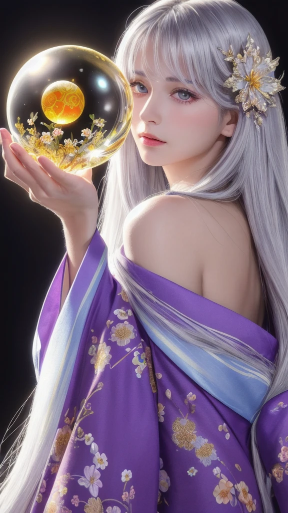 (masterpiece:1.3), (8k, photorealistic, raw photo, highest quality:1.4), (one girl), beautiful face, (realistic face), (long hair), (silver hair, near white hair, shiny hair, beautiful straight hair), (even bangs), (Sharp bangs), straight hairstyle, realistic eyes, beautiful detailed eyes (purple eyes), (sharp eyes), (realistic skin), beautiful skin, (kimono), (magician's kimono), (flower hair ornament), attractive, ultra high resolution, ultra realistic, highly detailed, golden ratio, colorful background, (flowers blooming), (energy dancing background), magician, facing forward, facing from shoulders, looking straight ahead, both shoulders facing towards you, holding crystal ball, (heart crystal ball, love crystal ball).Anatomically correct, Highest quality, accurate, High resolution, Gaze,