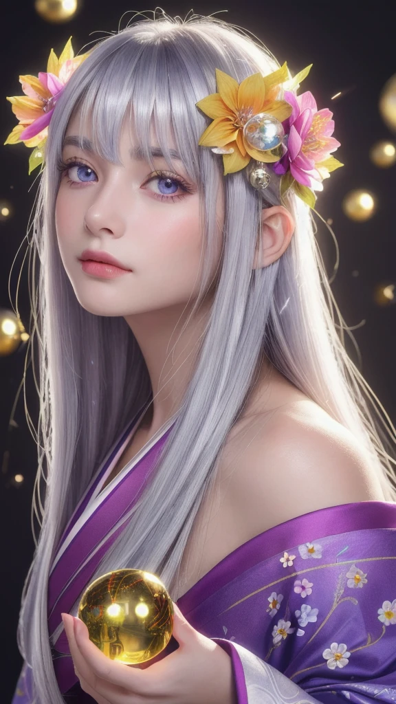 (masterpiece:1.3), (8k, photorealistic, raw photo, highest quality:1.4), (one girl), beautiful face, (realistic face), (long hair), (silver hair, near white hair, shiny hair, beautiful straight hair), (even bangs), (Sharp bangs), straight hairstyle, realistic eyes, beautiful detailed eyes (purple eyes), (sharp eyes), (realistic skin), beautiful skin, (kimono), (magician's kimono), (flower hair ornament), attractive, ultra high resolution, ultra realistic, highly detailed, golden ratio, colorful background, (flowers blooming), (energy dancing background), magician, facing forward, facing from shoulders, looking straight ahead, both shoulders facing towards you, holding crystal ball, (heart crystal ball, love crystal ball).Anatomically correct, Highest quality, accurate, High resolution, Gaze,