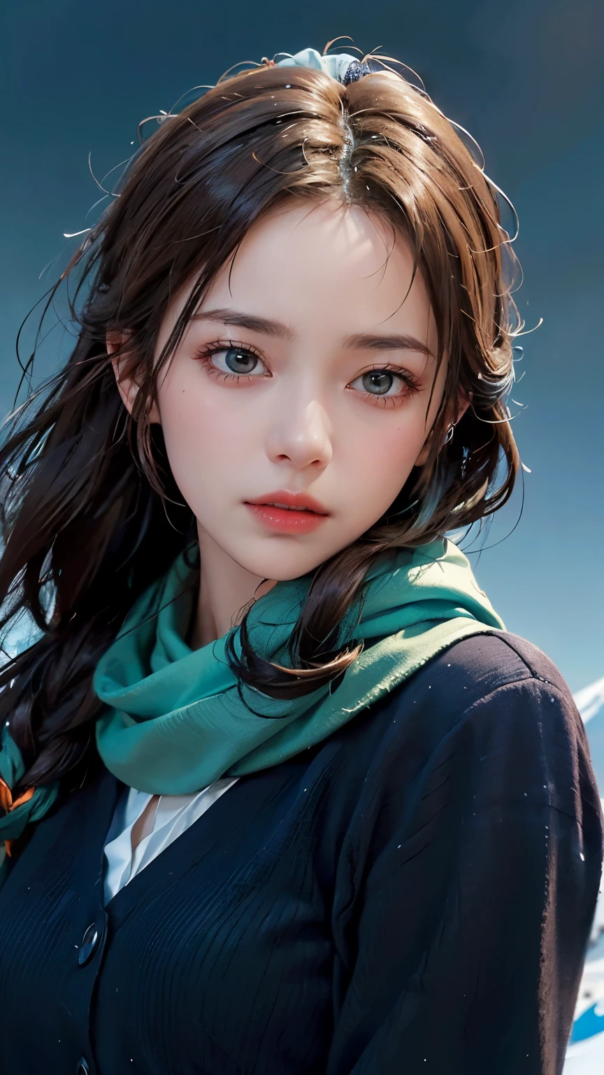 masterpiece,Highest quality,Official Art,Highly detailed CG Unity 8k wallpaper,Large Breasts, One girl, Upper Body, Face close-up,scarf, Maid, Snow Shelter,Exposure Blending, Medium Shot, Bokeh, (High resolution:1.4), High Contrast, (Cinematic, blue green and orange:0.85), (Calm colors, Dim color, Calm tone:1.3),Small face