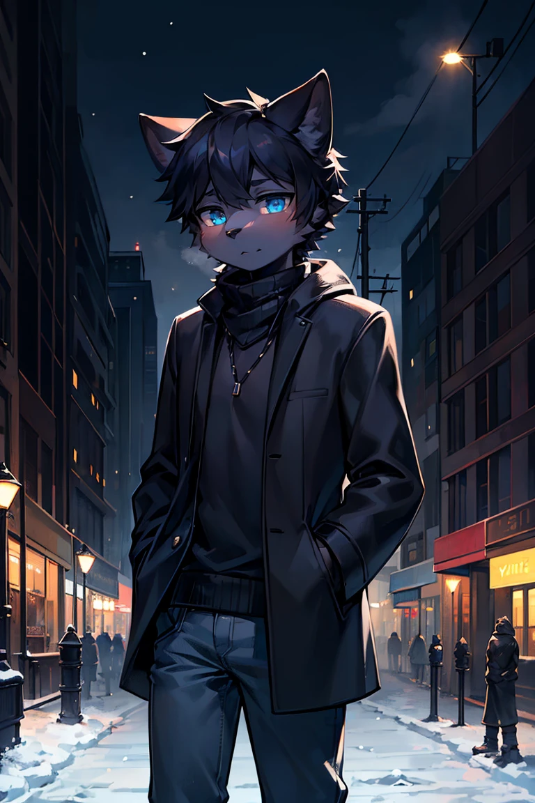 solo, 1boy, furry, anthro, anthro black cat, black nose, black bang, blue eyes, cat pupils, dressed in black wool sweater with a neck, grey drape coat and dark blue jeans, night, 50s city, winter, snow, half-body