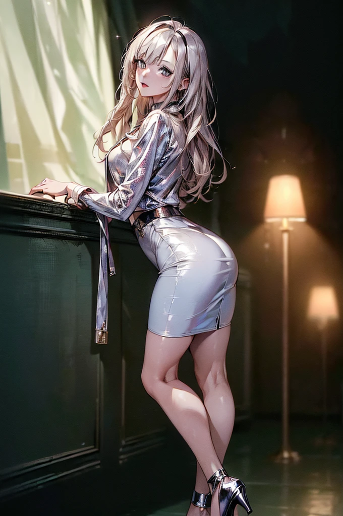 (masterpiece, high resolution, best quality,highres:1.5), CG, illustration, delicate face, cute face, shiny hair, shiny skin, sparkling pupils, shiny enamel suit, latex, {pencil skirt | slightly flared skirt}, looking back, silver hair,