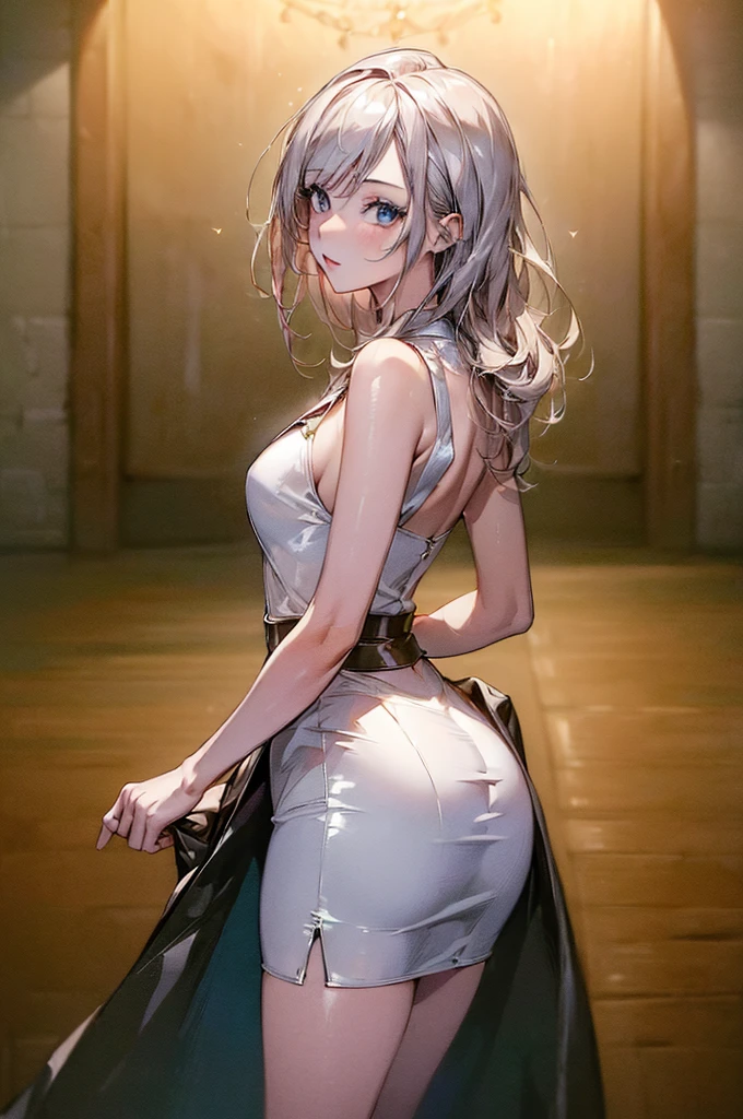 (masterpiece, high resolution, best quality,highres:1.5), CG, illustration, delicate face, cute face, shiny hair, shiny skin, sparkling pupils, shiny enamel suit, latex, {pencil skirt | slightly flared skirt}, looking back, silver hair,