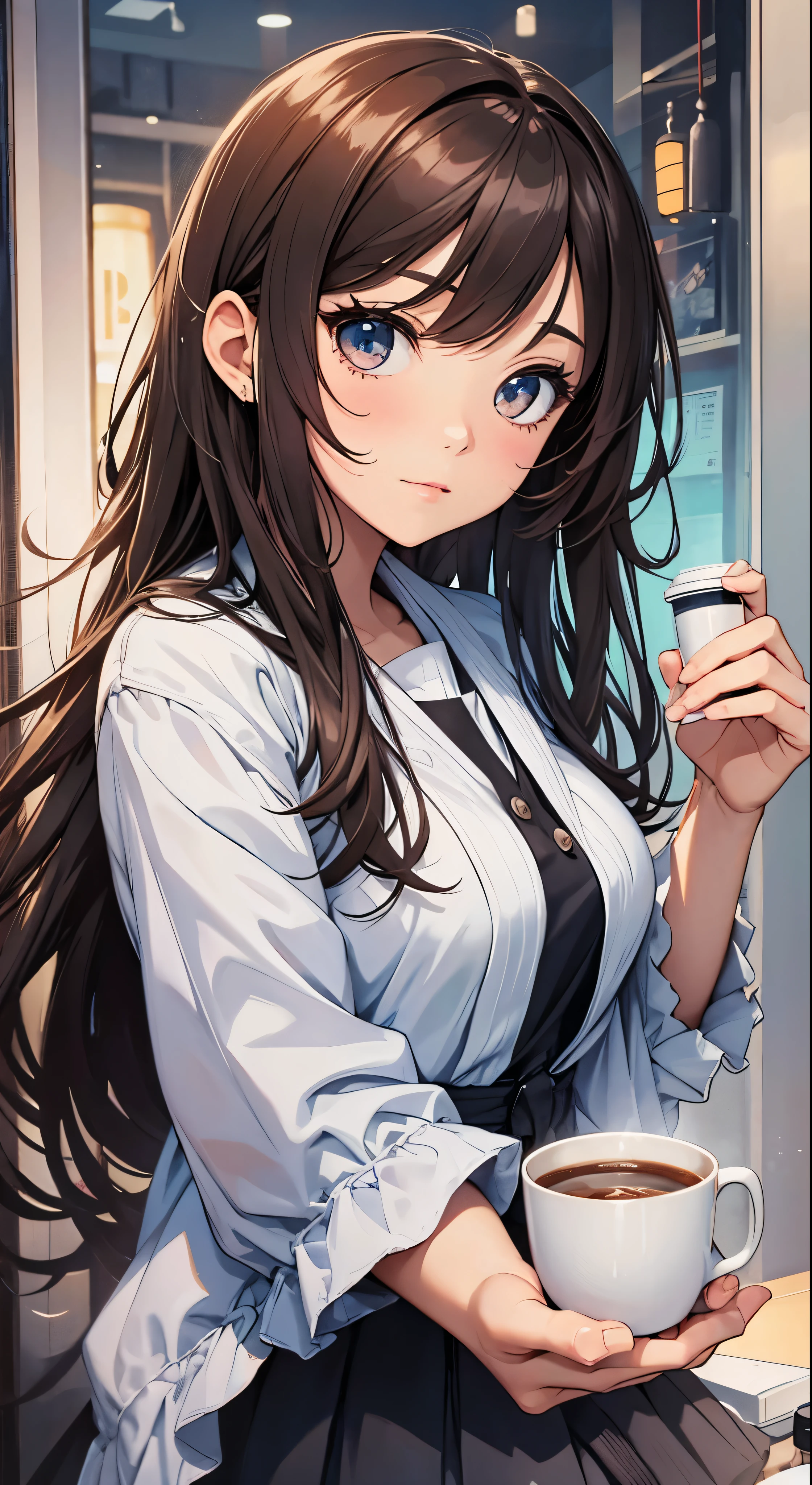 with high definition images，Anime Girls，Young girl holding a cup of coffee in her hands、Cute little face girl、Cute natural anime face、Cute - Detailed - Face、Sakimi-chan、Chiho、Yoshitomo Nara、Young pretty face、Beautiful Japanese girl face、Brown hair and big eyes、Cute pretty girl、Beautiful light big eyes