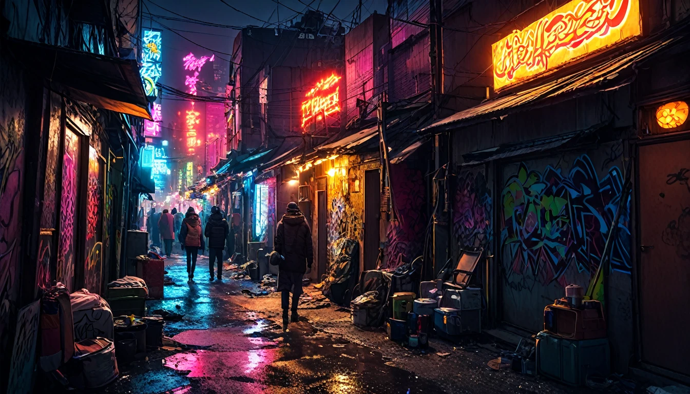 A gritty and dark image of Underberry, the slum district of Neon City. Narrow alleyways filled with graffiti and makeshift homes constructed from scrap materials. The area is illuminated by flickering neon signs and the glow of illegal cybernetic modifications. People in worn-out clothes bustle around, some engaging in illicit trades, while others try to find a moment of solace. wide-angle view --ar 169:96