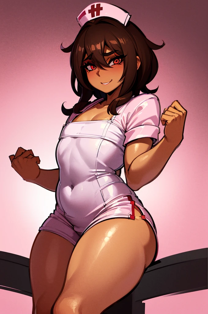 ((anime boy)), ((crossdresser)), (((1boy)))), (((solo))), ((((alone)))) medium dark brown hair, red eyes, ((((brown skin)))), wide hips, narrow waist, thick thighs, ((happy)), standing in a hospital, (black eyeshadow), (deep red lipstick), ((flat chest)), (short skirt), shirt, (((skin tight pink nurse outfit)))