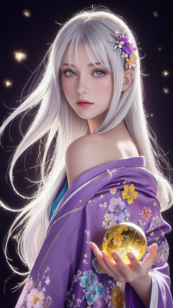 (masterpiece:1.3), (8k, photorealistic, raw photo, highest quality:1.4), (one girl), beautiful face, (realistic face), (long hair), (silver hair, near white hair, shiny hair, beautiful straight hair), (even bangs), (Sharp bangs), straight hairstyle, realistic eyes, beautiful detailed eyes (purple eyes), (sharp eyes), (realistic skin), beautiful skin, (kimono), (magician's kimono), (flower hair ornament), attractive, ultra high resolution, ultra realistic, highly detailed, golden ratio, colorful background, (flowers blooming), (energy dancing background), magician, facing forward, facing from shoulders, looking straight ahead, both shoulders facing towards you, holding crystal ball, (heart crystal ball, love crystal ball).Anatomically correct, Highest quality, accurate, High resolution, Facing forward, 