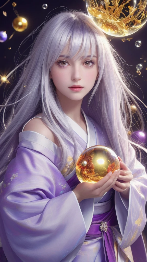 (masterpiece:1.3), (8k, photorealistic, raw photo, highest quality:1.4), (one girl), beautiful face, (realistic face), (long hair), (silver hair, near white hair, shiny hair, beautiful straight hair), (even bangs), (Sharp bangs), straight hairstyle, realistic eyes, beautiful detailed eyes (purple eyes), (sharp eyes), (realistic skin), beautiful skin, (kimono), (magician's kimono), (flower hair ornament), attractive, ultra high resolution, ultra realistic, highly detailed, golden ratio, colorful background, (flowers blooming), (energy dancing background), magician, facing forward, facing from shoulders, looking straight ahead, both shoulders facing towards you, holding crystal ball, (heart crystal ball, love crystal ball).Anatomically correct, Highest quality, accurate, High resolution, Facing forward, 