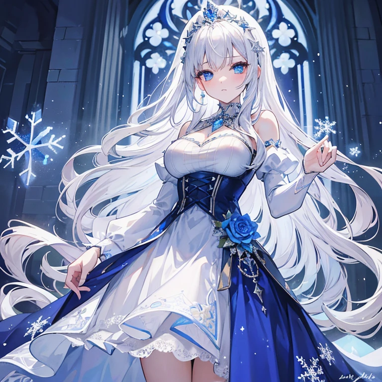 A breathtaking illustration of a young woman standing in a grand, gothic-style cathedral with tall arches in the background. She has long, flowing white hair that sparkles in the light, adorned with a delicate tiara and snowflake hair accessories. Her eyes are a vivid blue, and she wears an intricate, ice-themed dress with shimmering, frosty details. The dress has a sweetheart neckline, lace-up bodice, and a short, layered skirt with crystal-like embellishments. She holds a glowing, blue snowflake in her hand, and the entire scene is bathed in a cool, magical glow, creating an enchanting, wintry atmosphere.