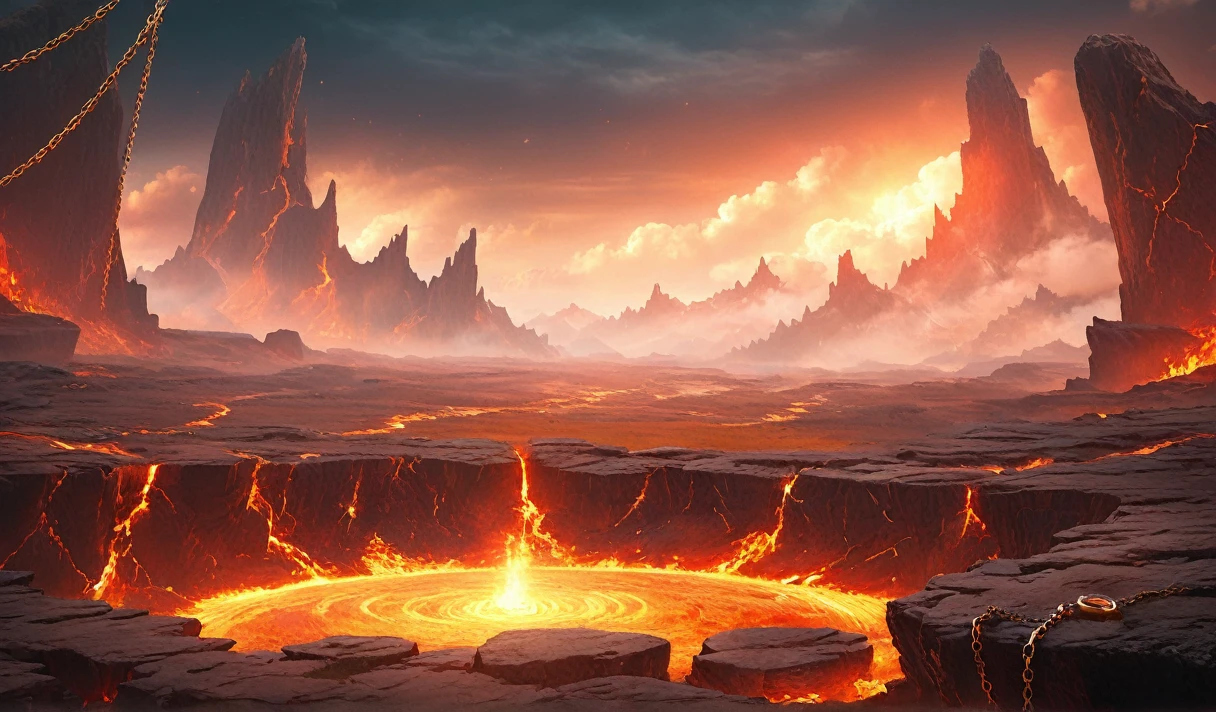Scene concept, enough field, 3D Rendering, Realistic style, Ultra-sharp details, masterpiece, high quality, enough, Solitary, landscape, outdoor, cliff, cloud, fire, Science fiction, Upward view, Chain, Circle, Glowing stone