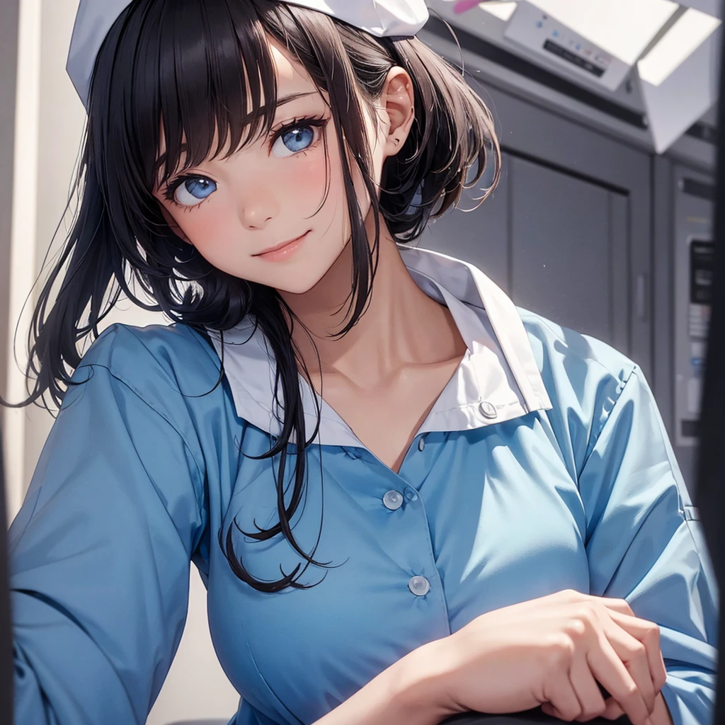 nursing aide,one girl,solo,blue or white scrubs,not wearing a hat or cap, frame it up to the top of the head, The top of my head doesn't come out of the frame,Facing forward,smile