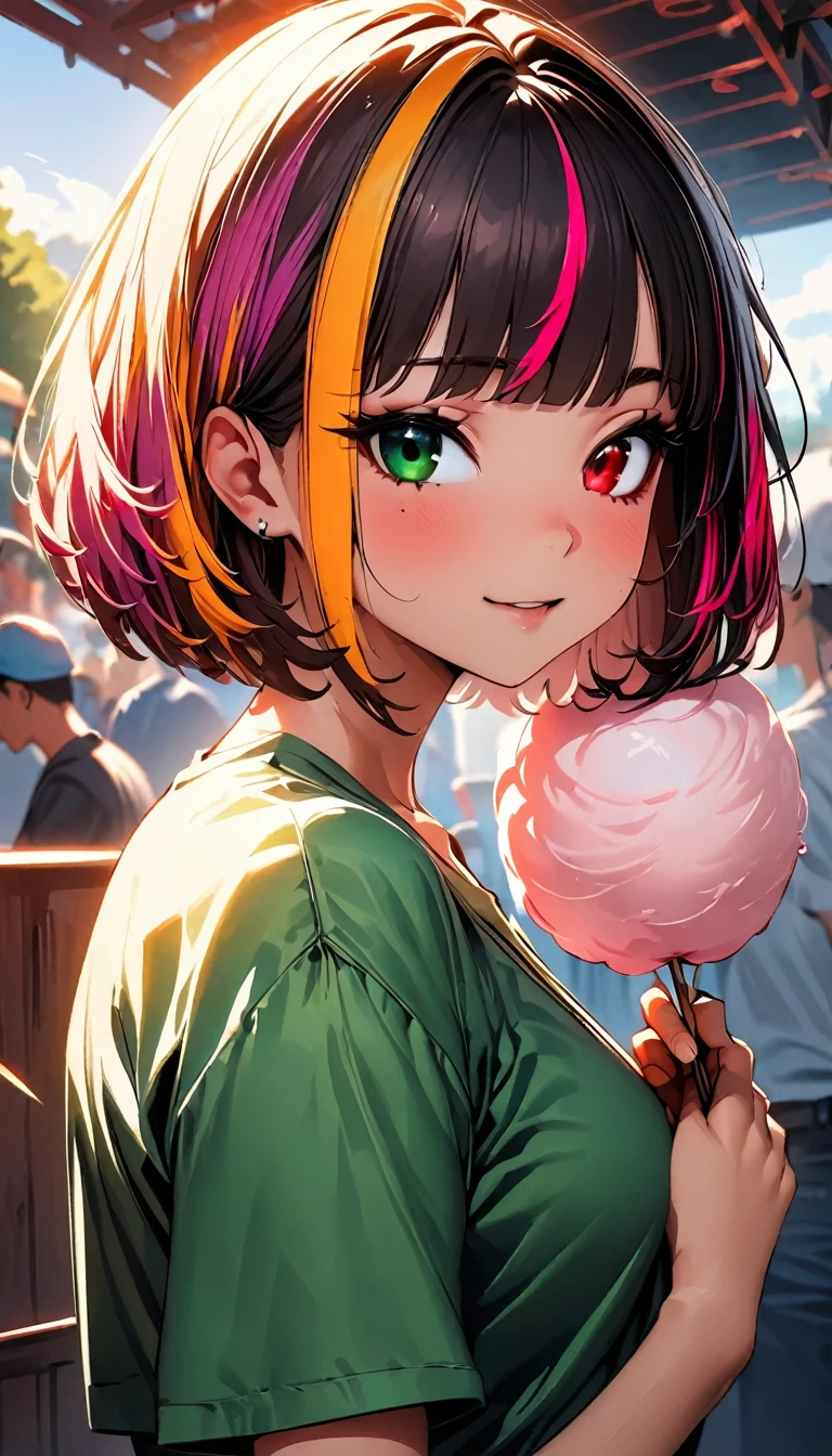 (highest quality:1.2, Very detailed, up to date, Vibrant, Ultra-high resolution, High Contrast, masterpiece:1.2, highest quality, Best aesthetics), Portraiture、girl、solo, (25-years-old:1.4), slim, , heterrochromia, green eye, red eye, Bright colors、Beautiful fine details、Beautiful lip detail、extra short hair, ((bob cut:1.5))、pink and purple, ((streaked hair:1.9)), (highlights hair: 1.6), (small breast:0.4), green tank top, jeans short pants, playing, eating cotton candy, (amusement park :1.3), (happy:1), looking back, (cowboy shot:1,5)