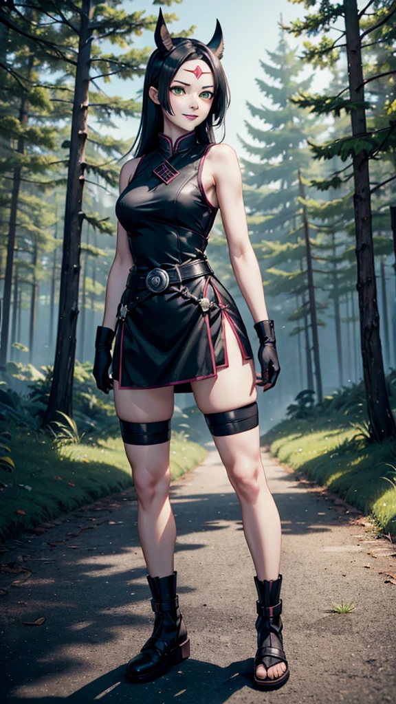 sakuraTheLast, woman, masterpiece, best quality, incredibly absurdres, solo , mature female, sleeveless, green eyes, knee pads, black gloves, black shorts, bangs, bandaged leg, black obi,   forehead mark, forehead protector, konohagakure symbol, qipao dress, pale skin, looking at viewer,    full body, lipstick, badass,  evil smile ,  standing, waiting,  ((shadow)),outdoors, background forest,   dark theme