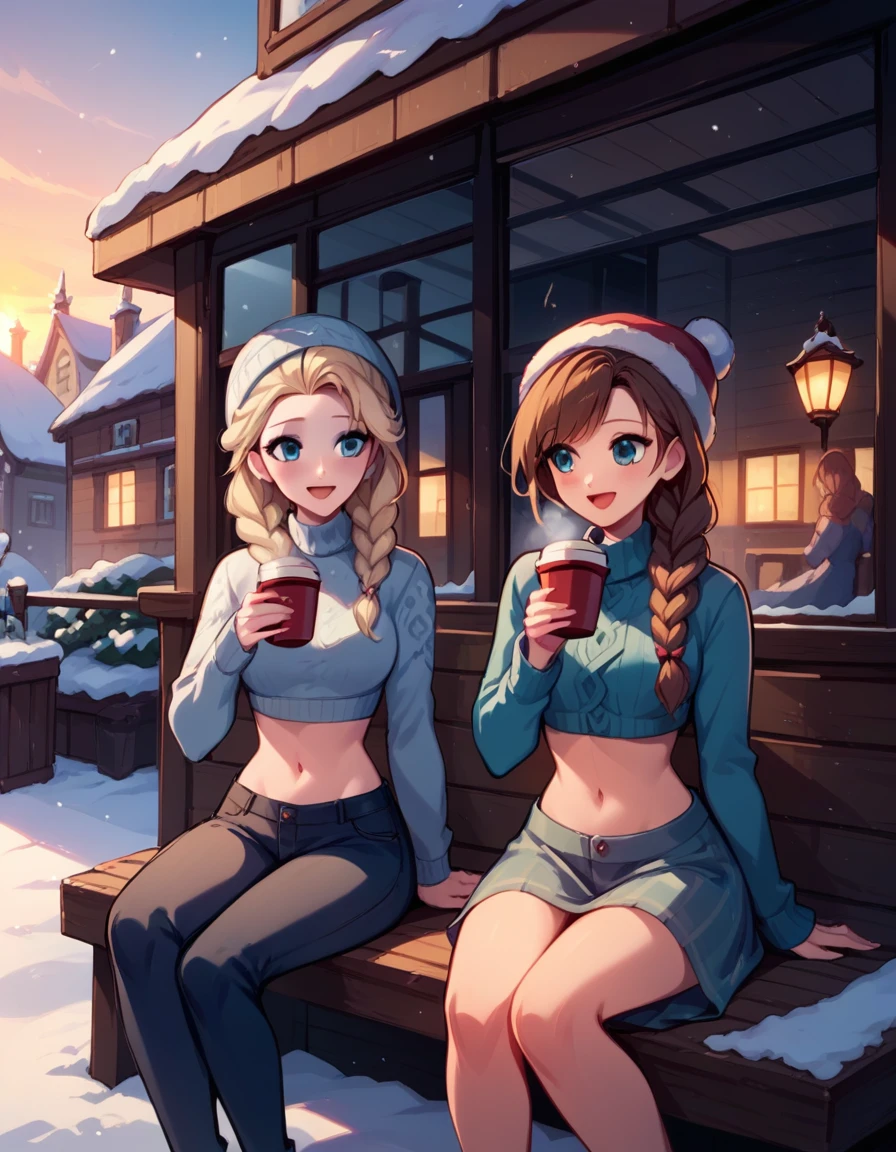 score_9, score_8_up, score_7_up, score_6_up, 2girls, elsa (blonde hair, braid, cute modern winter attire, navel:1.1) and anna (brown hair, braided pigtails, cute modern winter attire, navel:1.3),, romantic scenes, on dates, snowy village street, lovers, in love, sitting at a roadside cafe, sitting across from one another, looking lovingly at one another, talking, coffee, (cinematic lighting:1.2),, (sunset:1.2), cowboy shot.