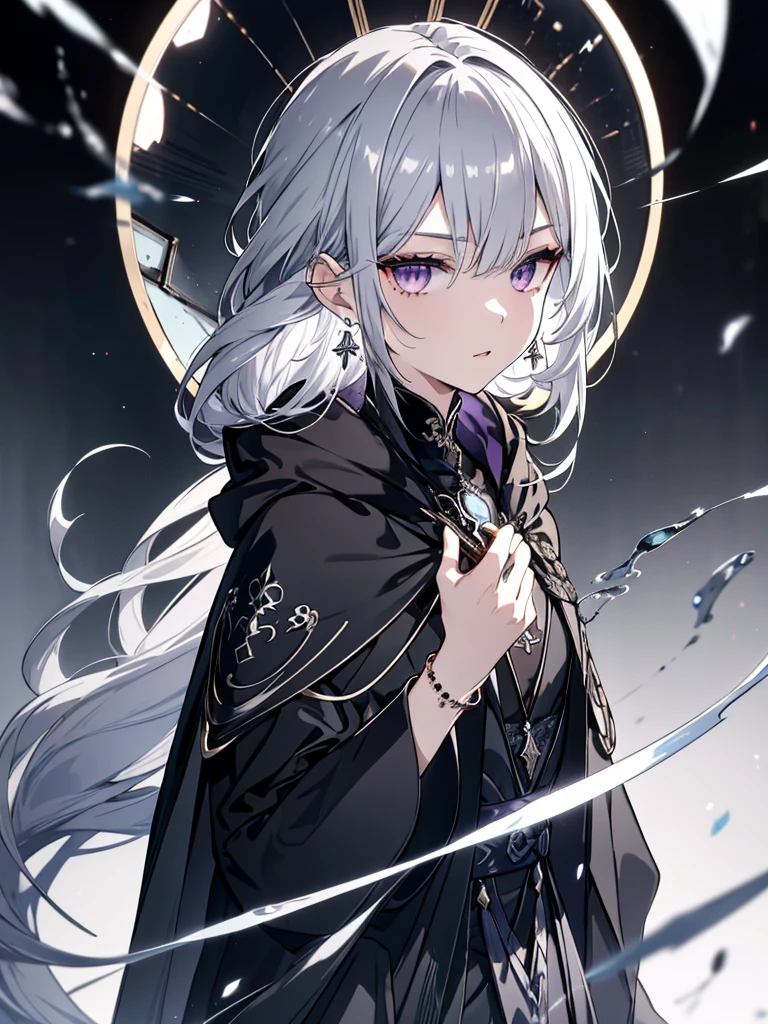 8k,High resolution RAW color art,Anime Art, (((Very detailed and cool))), Detailed skin, Blur、texture,(Exquisitely crafted, The finer details, Ultra-detailed art), (((One boy))), Depth of written boundary, Silky Touch, Hyper Detail, (((Cool face))), eye shadow、Silver Marble Skin, Beautifully detailed purple eyes, Beautiful lip detail, Very delicate face, Delicate depiction of hair and eyes, Detailed Fashion, Silver earrings,Silver Bracelet、Full body depiction, Black high neck、black waist cloak、 A little bit of grey hair、Semi-long hair、(((Hair)))、water surface、silk clotheatte、Soft clothes、cool、Food、Wear warm clothes、Orb