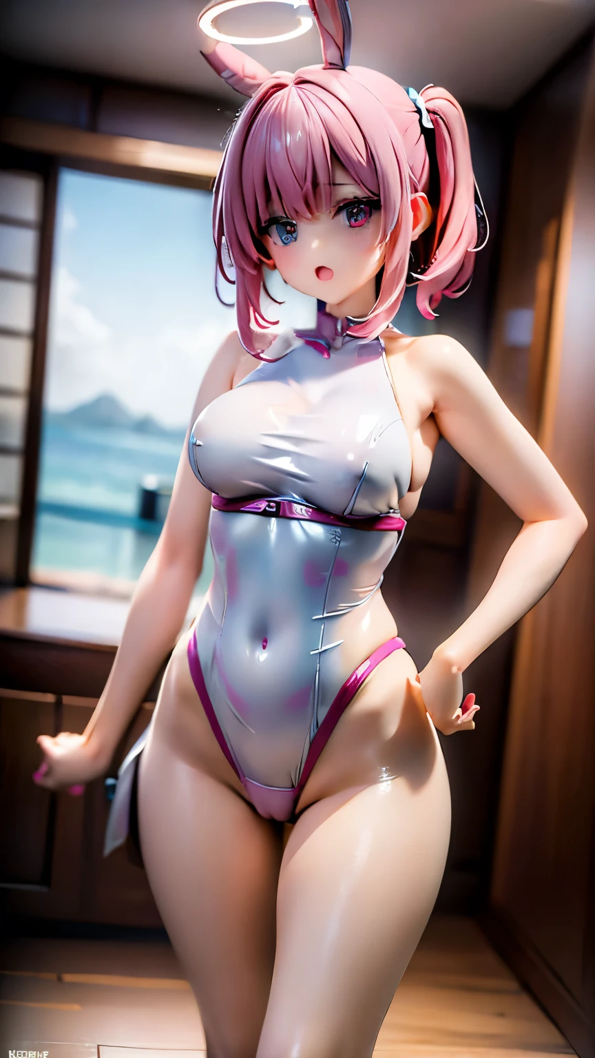 Masterpiece、Ultra high quality photos、8k、、woman、Japanese、Light blue hair、semi-long、Wavy Hair、Red cheeks、Big Eyes、Half-open mouth、Embarrassed expression、High leg cut、Bodysuits、Fit clothing、Miniskirt、Black long boots、Short sleeve、Standing posture、Full Body Shot、Meaty thighs、Plump body、sexy、Pink Hair