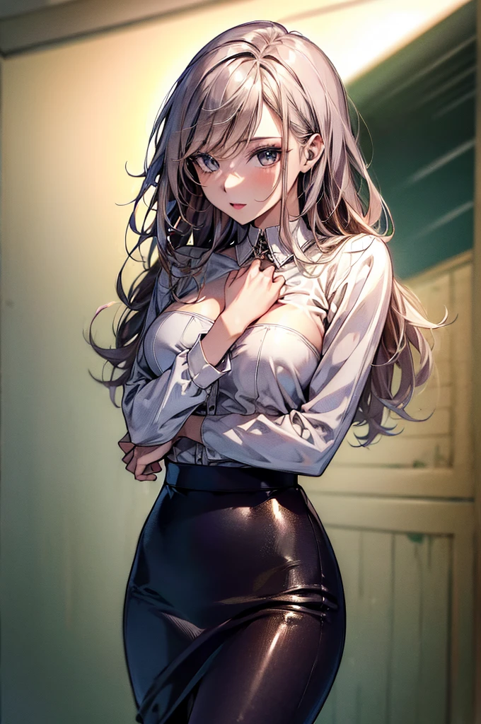 (masterpiece, high resolution, best quality,highres:1.5), CG, illustration, delicate face, cute face, shiny hair, shiny skin, kawaii, sparkling pupils, shiny enamel suit, latex, {pencil skirt | slightly flared skirt}, looking back, silver hair, BREAK black eyes,